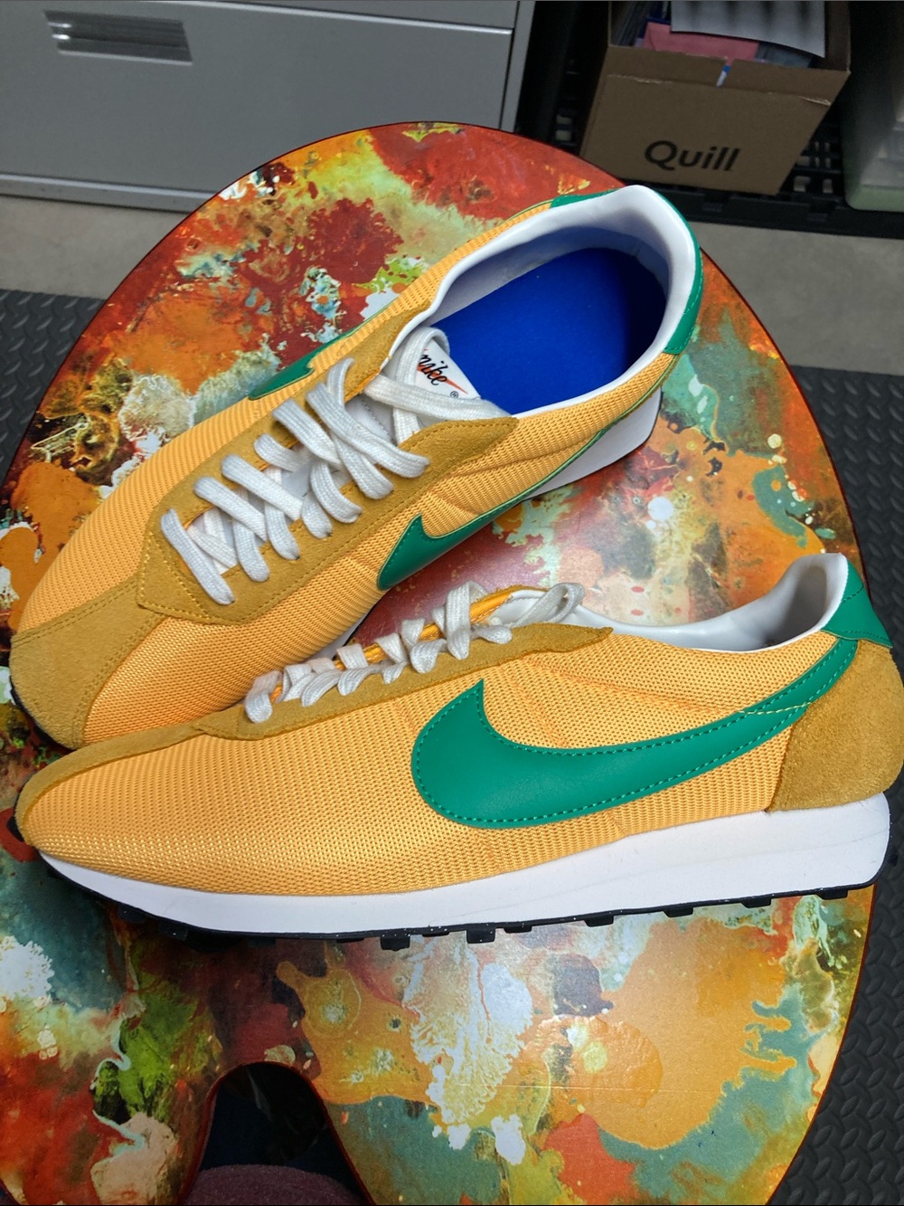 Nike Men’s LTD-1000 Laser orange waffle bottom Sneakers with Green Swoosh, sz 13
